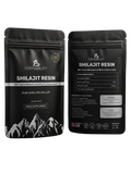 Two black stand-up pouches of Strivability Shilajit Resin supplement shown side by side on a white background, with the front label on the left and the back label on the right.