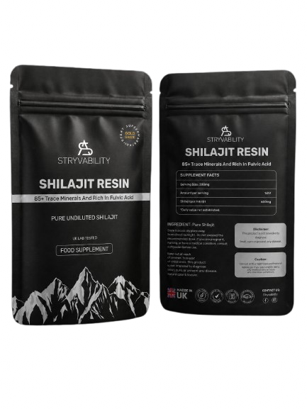 Two black stand-up pouches of Strivability Shilajit Resin supplement shown side by side on a white background, with the front label on the left and the back label on the right.